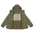 Condor Aegis Waterproof Parka in olive green, shown open with a light brown lining, chest tag, and multiple stitched panels, displayed on a plain white background.