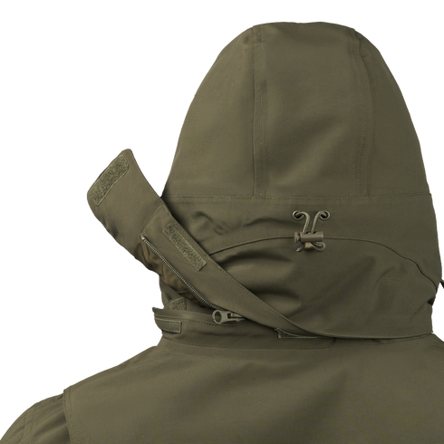 Close-up of the back of the Condor Aegis Waterproof Parka in olive green, highlighting its hood with adjustable drawstring and Velcro strap detail.