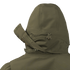 Close-up of the back of the Condor Aegis Waterproof Parka in olive green, highlighting its hood with adjustable drawstring and Velcro strap detail.