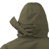 Close-up of the back of the Condor Aegis Waterproof Parka in olive green, highlighting its hood with adjustable drawstring and Velcro strap detail.