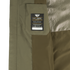 Close-up of the interior of an olive-green Condor Aegis Waterproof Parka featuring a branded label with care instructions attached to a fabric pocket.