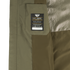 Close-up of the interior of an olive-green Condor Aegis Waterproof Parka featuring a branded label with care instructions attached to a fabric pocket.