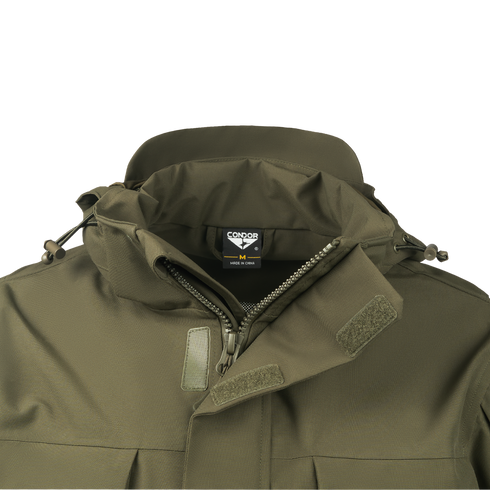 Close-up of the Condor Aegis Waterproof Parka in olive green, featuring a hood, zippers, Velcro closures, and a Condor brand label inside the collar.