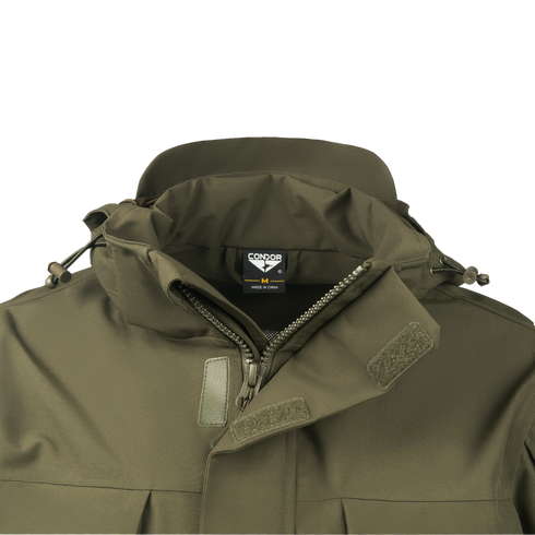 Close-up of the Condor Aegis Waterproof Parka in olive green, featuring a hood, zippers, Velcro closures, and a Condor brand label inside the collar.