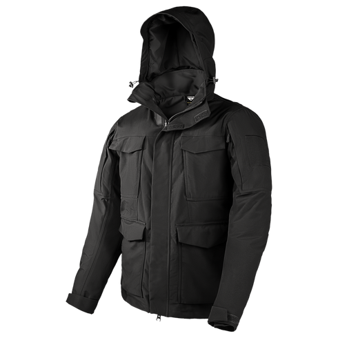 The Condor Aegis Waterproof Parka in black features a hood, multiple front pockets, and adjustable cuffs, shown on a plain white background.