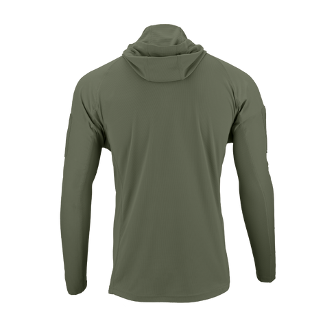 Back view of the Condor Trident Sun Shirt in olive green, featuring long sleeves and a hood, shown against a plain white background.