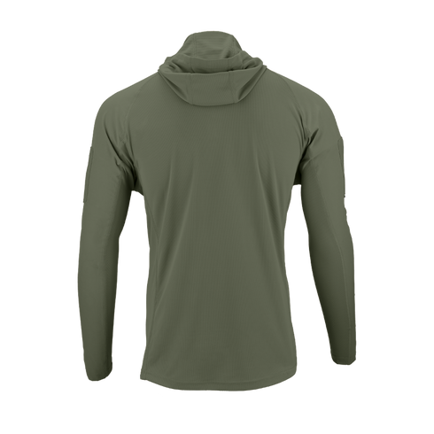 Back view of the Condor Trident Sun Shirt, a long-sleeve olive green hooded shirt, shown on a plain white background.