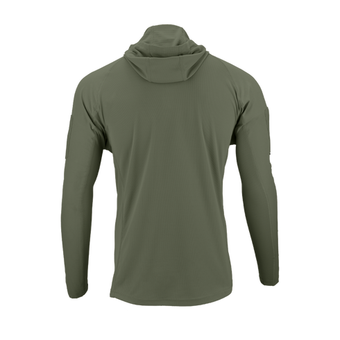 Back view of the Condor Trident Sun Shirt in olive green with long sleeves and a hood, shown against a plain white background.