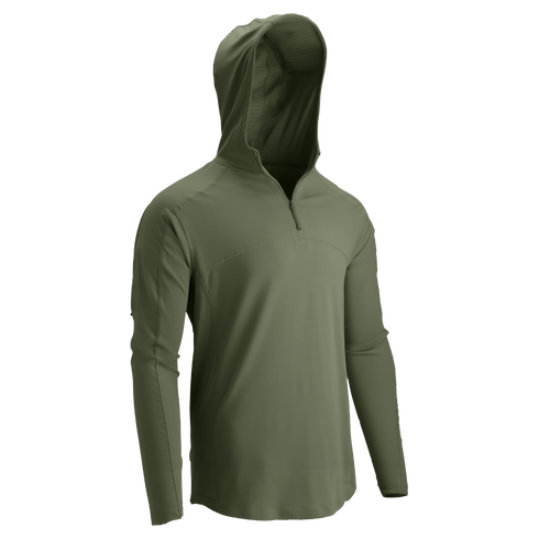 The Condor Trident Sun Shirt is an olive green, long-sleeve hooded pullover with a quarter zip and no visible logos or patterns, shown on a plain white background.