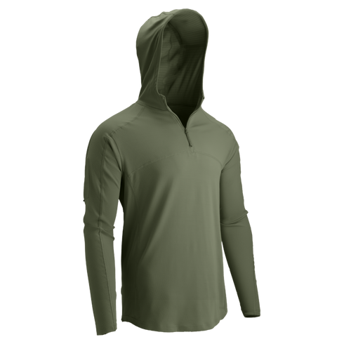 The Condor Trident Sun Shirt in olive green features long sleeves, a hood, and a quarter-zip front, displayed against a plain white background.