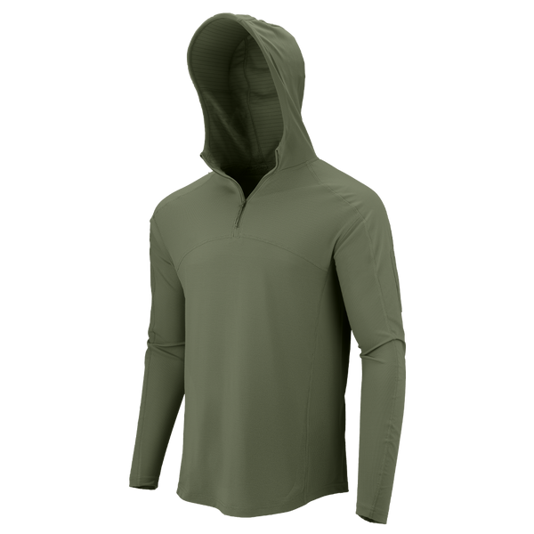 The Condor Trident Sun Shirt in Olive Drab is a long-sleeve hooded pullover with a quarter-zip front, shown on a plain white background.