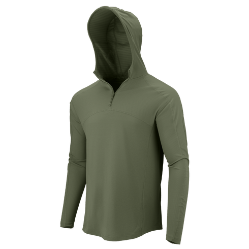 The Condor Trident Sun Shirt is an olive green, long-sleeve hooded pullover with a front half-zip, displayed on a plain white background.