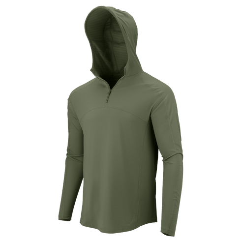 A Condor Trident Sun Shirt—an olive green, long-sleeve, hooded top with a quarter-zip front—is displayed on a plain white background.