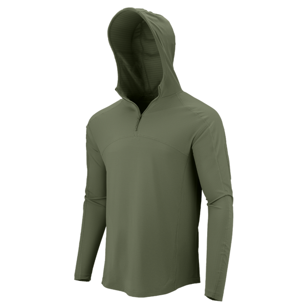 A Condor Trident Sun Shirt—an olive green, long-sleeve, hooded top with a quarter-zip front—is displayed on a plain white background.