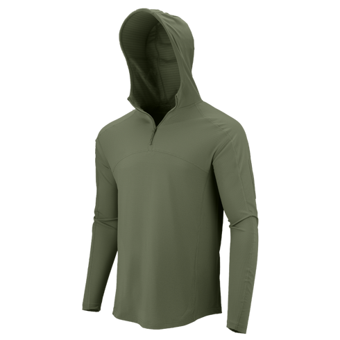 The Condor Trident Sun Shirt is an olive green long-sleeve hooded shirt with a quarter-zip front, shown on an invisible mannequin against a plain white background.