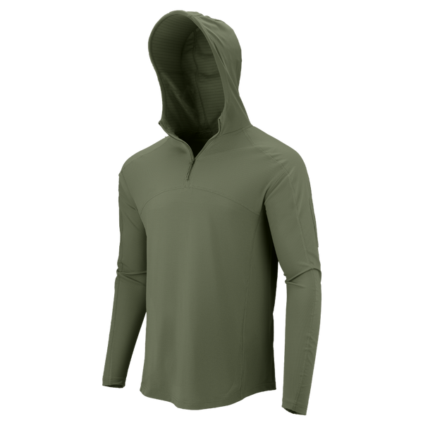 The Condor Trident Sun Shirt is an olive green long-sleeve hooded shirt with a quarter-zip front, shown on an invisible mannequin against a plain white background.