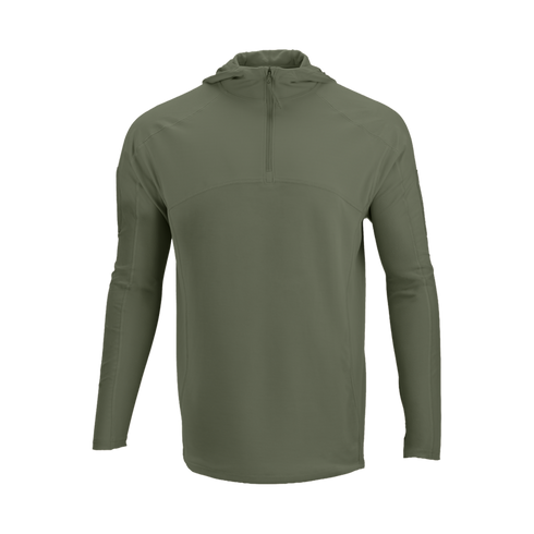 The Condor Trident Sun Shirt, an olive green long-sleeve hooded pullover with a front half-zip, is shown against a plain white background.