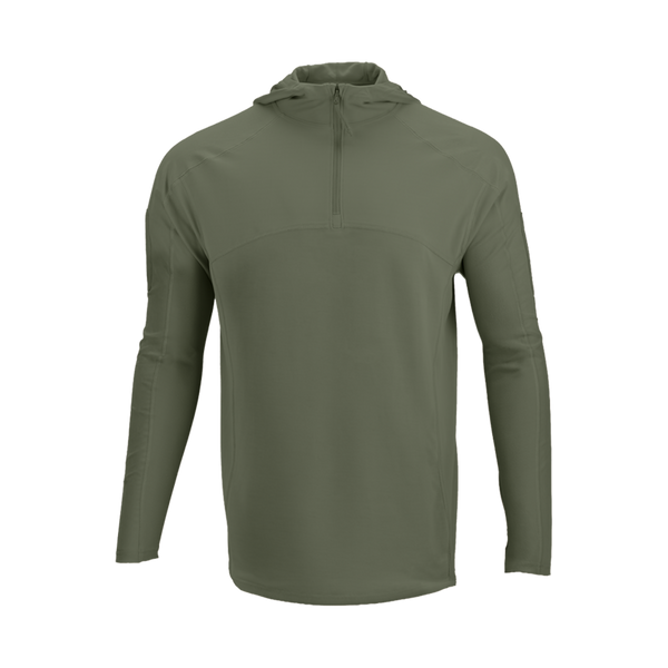 The Condor Trident Sun Shirt, an olive green long-sleeve hooded pullover with a front half-zip, is shown against a plain white background.