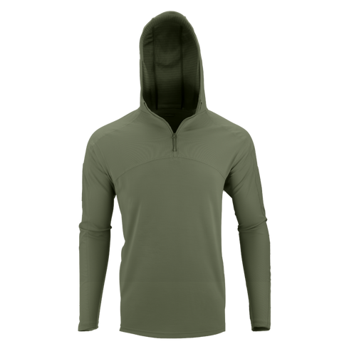 The Condor Trident Sun Shirt is an olive green, long-sleeve hooded pullover with a quarter-zip front, shown on a plain white background.