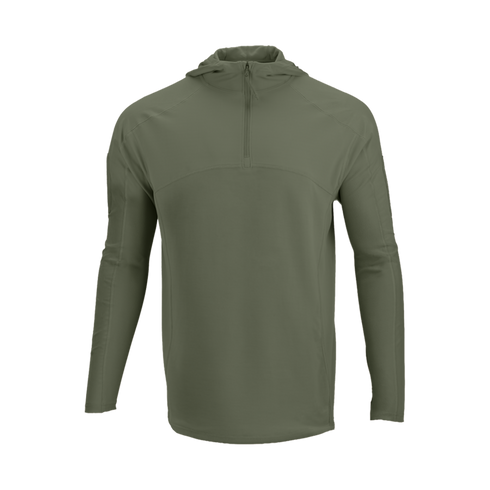 The Condor Trident Sun Shirt, an olive green long-sleeve hooded pullover featuring a quarter-zip front, is displayed against a plain white background.