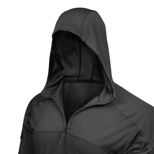 The Condor Trident Sun Shirt, a black hooded garment with a front zipper, is displayed on a headless mannequin against a plain white background.