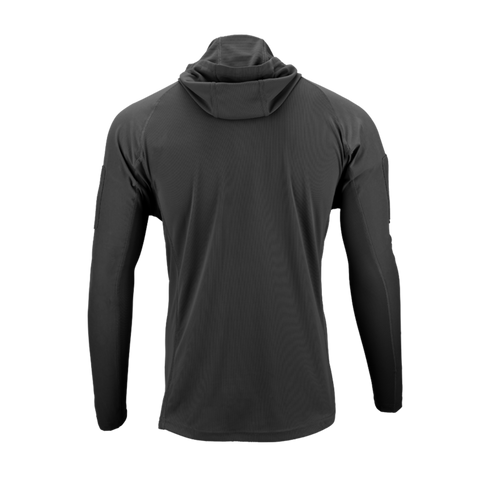 The Condor Trident Sun Shirt in black, featuring long sleeves and a hood, is displayed from the back against a plain white background.