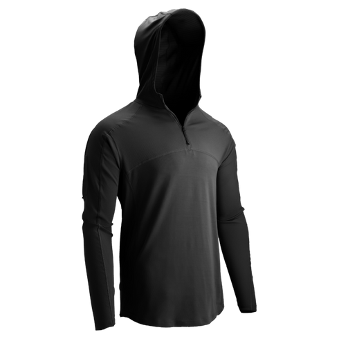 The Condor Trident Sun Shirt is a black, long-sleeve athletic hoodie with a quarter zip and fitted design, shown on a plain white background.