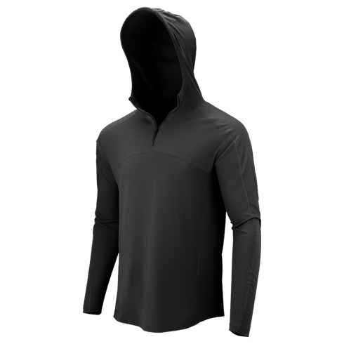 The Condor Trident Sun Shirt is a black, long-sleeved athletic hoodie with a fitted hood and front quarter-zip, shown on a plain white background.