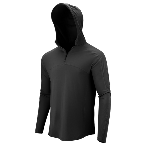 The Condor Trident Sun Shirt is a black, long-sleeved athletic hoodie with a fitted hood and front quarter-zip, shown on a plain white background.