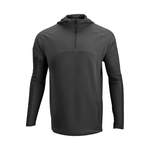 The Condor Trident Sun Shirt is a dark gray, long-sleeve hooded pullover with a half-zip front, shown against a plain white background.