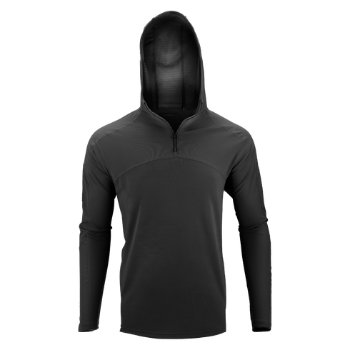 The Condor Trident Sun Shirt is a black, long-sleeve, hooded athletic pullover with a half-zip front, shown against a plain white background.