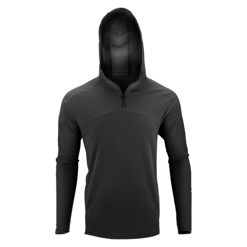 The Condor Trident Sun Shirt is a black, long-sleeve, hooded athletic pullover with a half-zip front, shown against a plain white background.