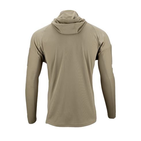 Back view of the Condor Trident Sun Shirt, a relaxed-fit, tan long-sleeve hoodie, displayed against a plain white background.