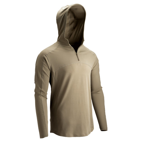 The Condor Trident Sun Shirt is a light brown, long-sleeve hooded shirt with a front half-zip and no visible logos or patterns, shown on a white background.