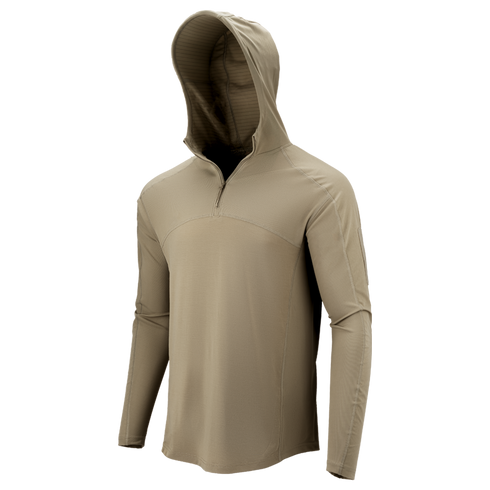 The Condor Trident Sun Shirt in Silver Tan features long sleeves and a quarter-zip hooded pullover design, shown on a featureless mannequin against a plain white background.