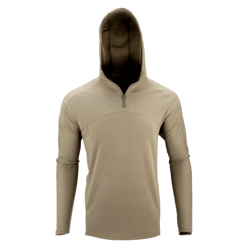 The Condor Trident Sun Shirt is a beige long-sleeve hooded pullover with a quarter-zip neckline, shown on a plain white background.