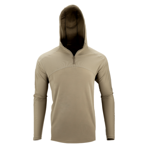 The Condor Trident Sun Shirt is a beige long-sleeve hooded pullover with a quarter-zip neckline, shown on a plain white background.