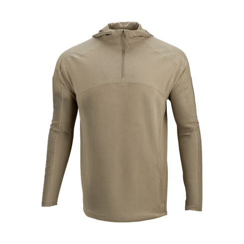 The Condor Trident Sun Shirt is a beige, long-sleeve hooded pullover with a quarter-zip front, shown against a plain white background.