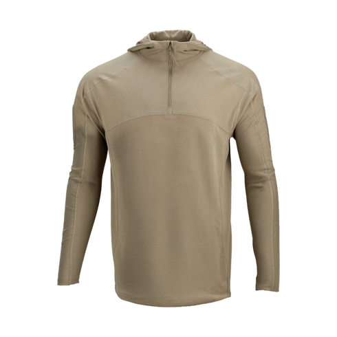 The Condor Trident Sun Shirt is a tan, long-sleeve hooded pullover featuring a quarter-zip front, shown against a plain white background.
