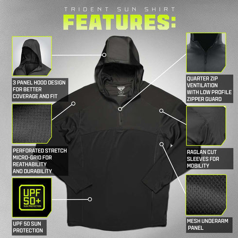The Condor Trident Sun Shirt is shown in black, featuring UPF 50+ protection, a hood, mesh underarm panels, a quarter zip design, perforated micro-grid fabric, and raglan sleeves for enhanced mobility.