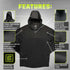 The Condor Trident Sun Shirt is shown in black, featuring UPF 50+ protection, a hood, mesh underarm panels, a quarter zip design, perforated micro-grid fabric, and raglan sleeves for enhanced mobility.