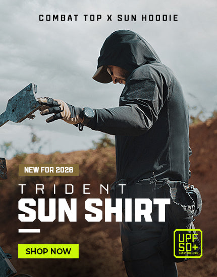 Person wearing a hooded shirt and holding a tool with promotional text for 'Trident Sun Shirt' and 'Combat Top X Sun Hoodie'.