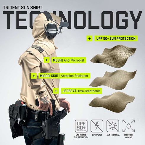 A person wearing the Condor Trident Sun Shirt with tactical gear; fabric swatches labeled mesh, micro-grid, and jersey showcase UPF 50+ protection, anti-microbial properties, abrasion resistance, and ultra-breathable performance.