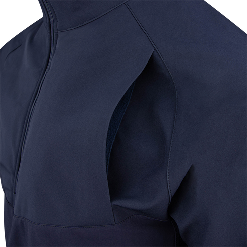 Close-up of the Condor Patrol Quarter Zip Softshell Gen II in navy, featuring a zipper and large side vent at the underarm—perfect for bushcraft enthusiasts who value comfort and mobility outdoors.