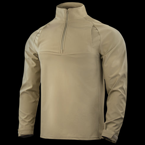 The Condor Patrol Quarter Zip Softshell Gen II is a khaki long-sleeve pullover with a high collar and quarter-zip front, ideal for shooting range or law enforcement use, shown on a plain background.