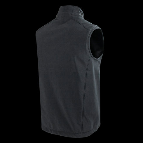 Back view of the Condor Core Softshell Vest—a sleeveless black vest with a high collar and visible seams. Its simple design makes it ideal for shooting ranges or bushcraft activities.