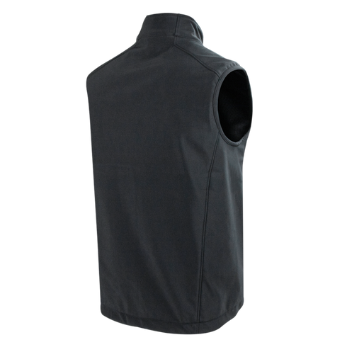 Back view of the Condor Core Softshell Vest—a sleeveless black vest with a high collar and visible seams. Its simple design makes it ideal for shooting ranges or bushcraft activities.