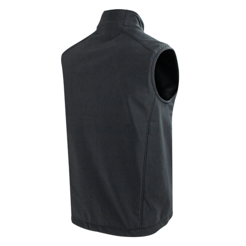Back view of the Condor Core Softshell Vest—a sleeveless black vest with a high collar and visible seams. Its simple design makes it ideal for shooting ranges or bushcraft activities.
