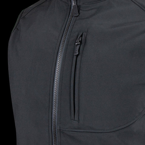 Close-up of the Condor Core Softshell Vest in black, featuring a vertical zippered chest pocket and main front zipper—designed for military use or as dependable EDC gear.