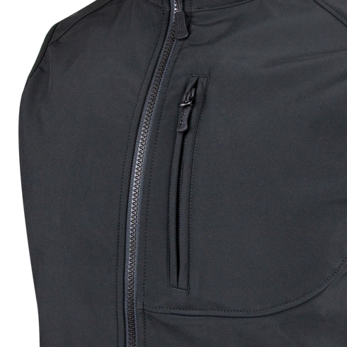 Close-up of the Condor Core Softshell Vest in black, showcasing a vertical chest zipper pocket and front zipper.